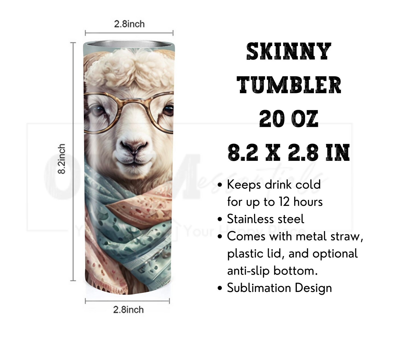 Alpaca 20 oz Skinny Tumbler with Straw - Stainless Steel, Eco-Friendly, Reusable Metal Straw - Lid Drink Drinkware Water Bottles