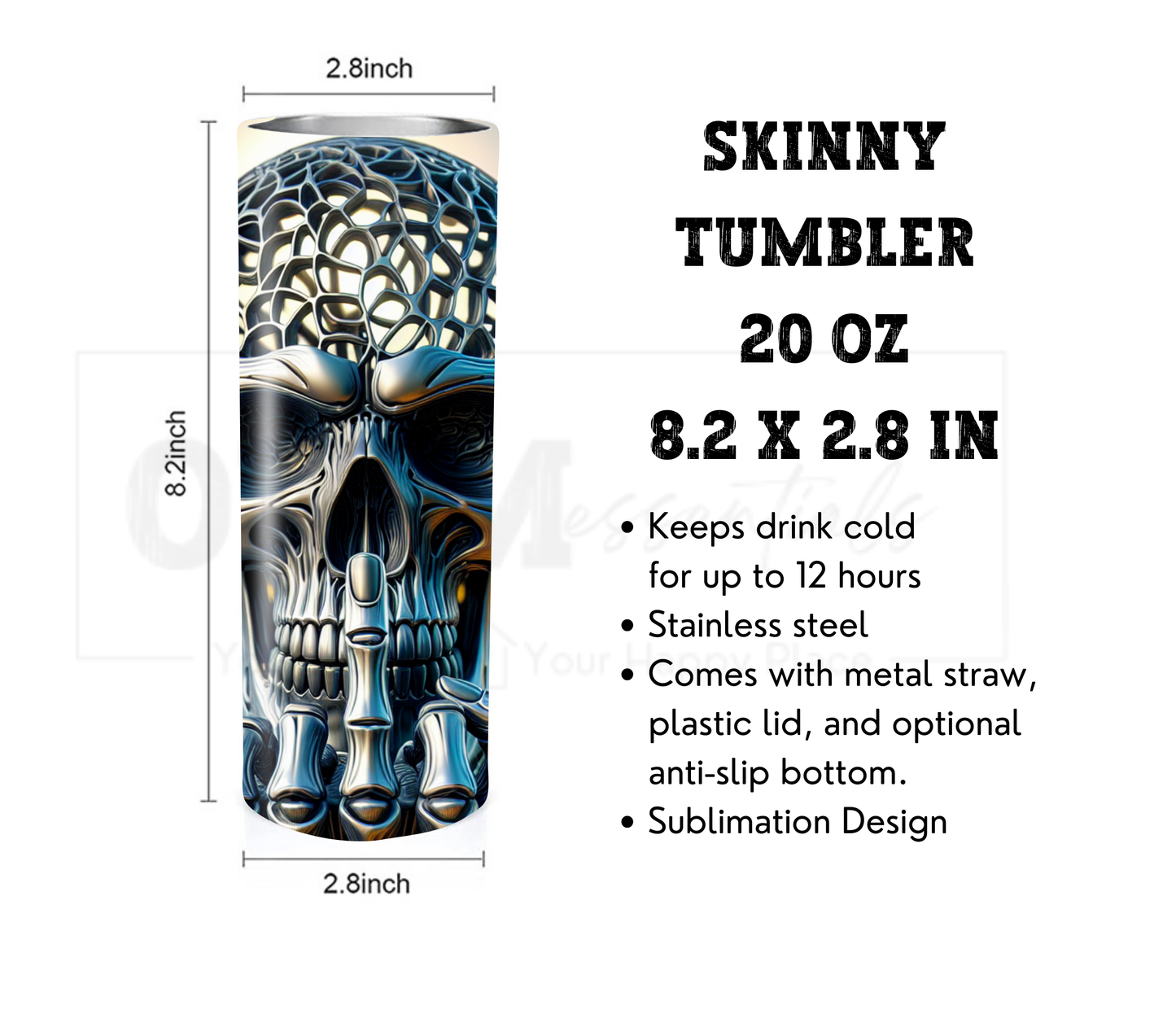 Funny Middle Finger Skull 20 oz Skinny Tumbler with Straw - Stainless Steel, Eco-Friendly, Reusable Metal Straw - Lid Drink Drinkware Water Bottles