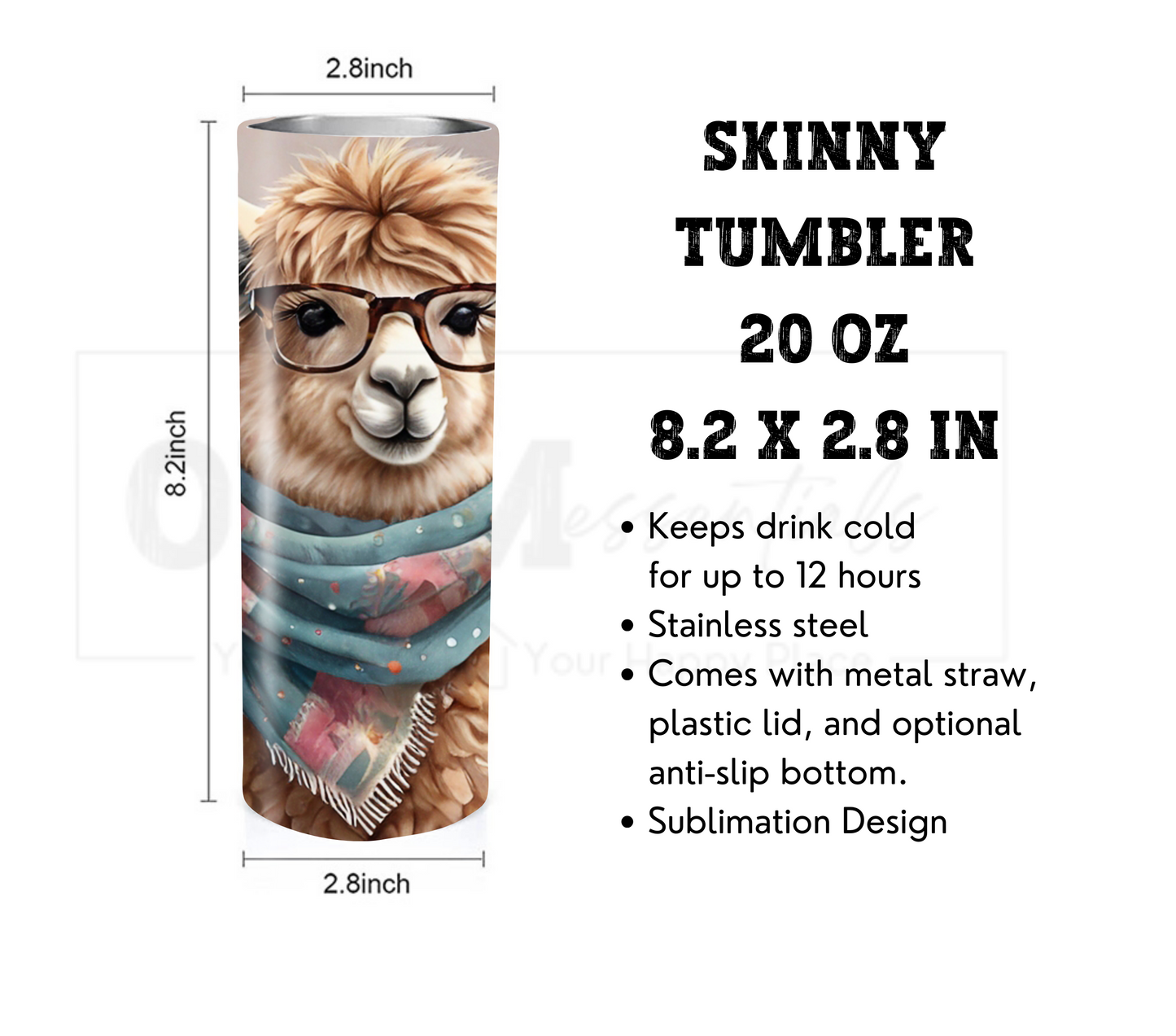 Alpaca 20 oz Skinny Tumbler with Straw - Stainless Steel, Eco-Friendly, Reusable Metal Straw - Lid Drink Drinkware Water Bottles