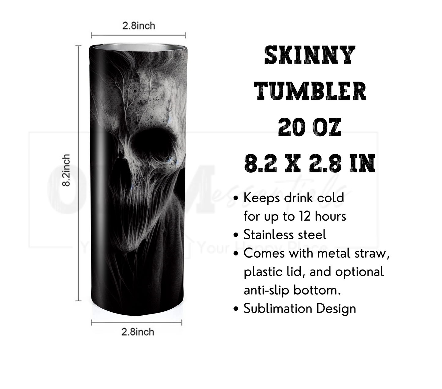 Demon 20 oz Skinny Tumbler with Straw - Stainless Steel, Eco-Friendly, Reusable Metal Straw - Lid Drink Drinkware Water Bottles