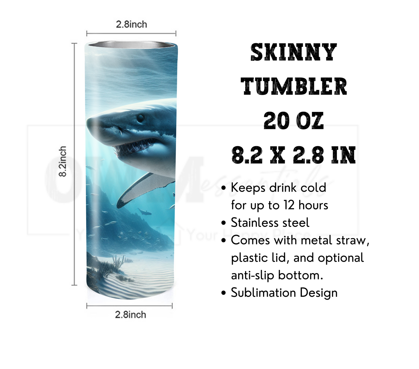 Shark 20 oz Skinny Tumbler with Straw - Stainless Steel, Eco-Friendly, Reusable Metal Straw - Lid Drink Drinkware Water Bottles