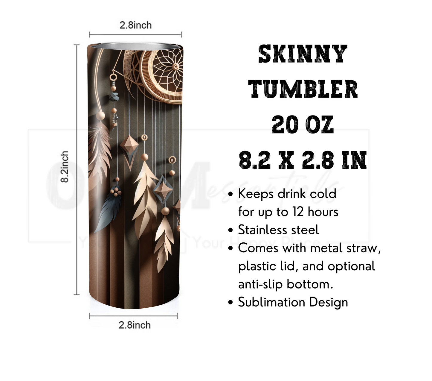 Dreamcatcher 20 oz Skinny Tumbler with Straw - Stainless Steel, Eco-Friendly, Reusable Metal Straw - Lid Drink Drinkware Water Bottles