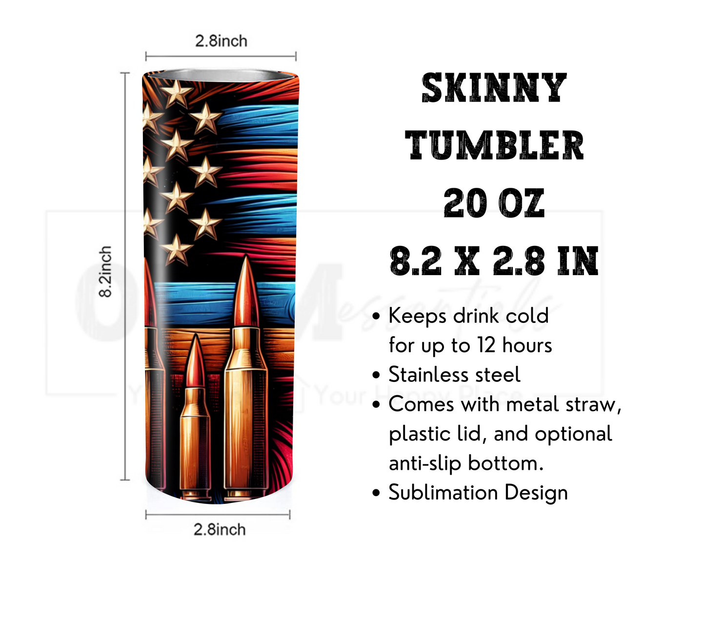 American Flag & Ammo 20 oz Skinny Tumbler with Straw - Stainless Steel, Eco-Friendly, Reusable Metal Straw - Lid Drink Drinkware Water Bottles