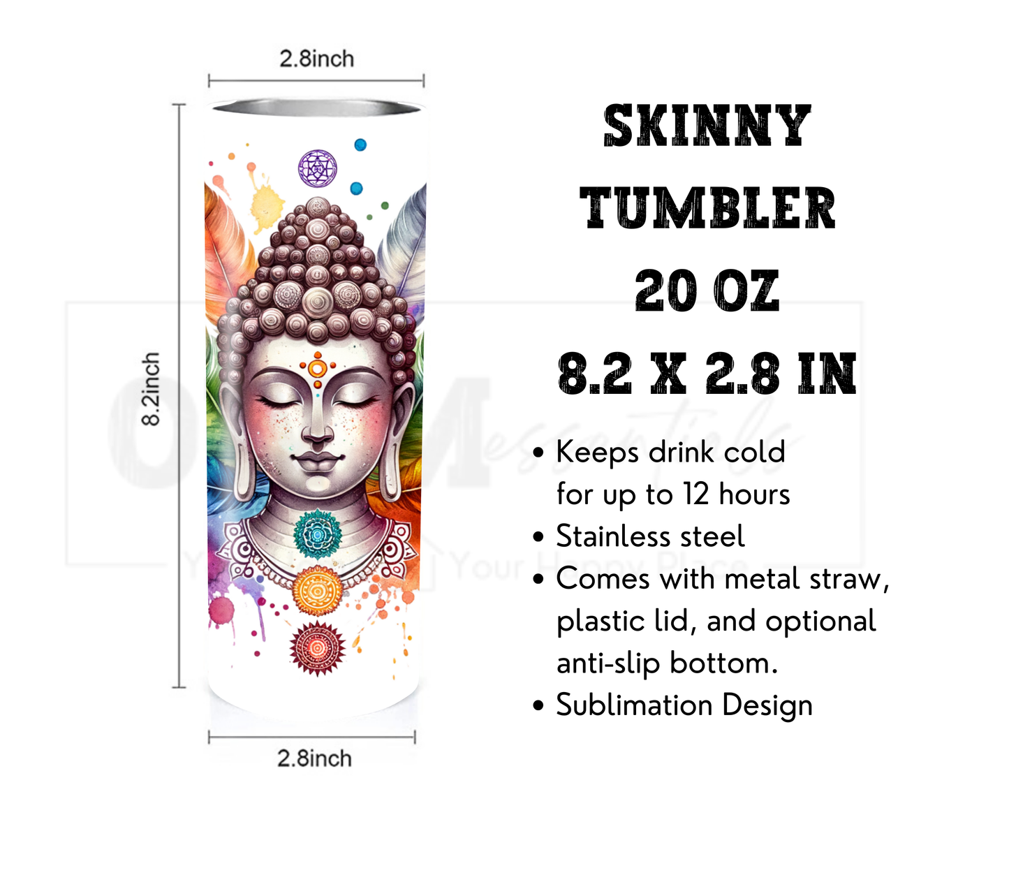 Buddha with Chakras and Feathers 20 oz Skinny Tumbler with Straw - Stainless Steel, Eco-Friendly, Reusable Metal Straw - Lid Drink Drinkware Water Bottles