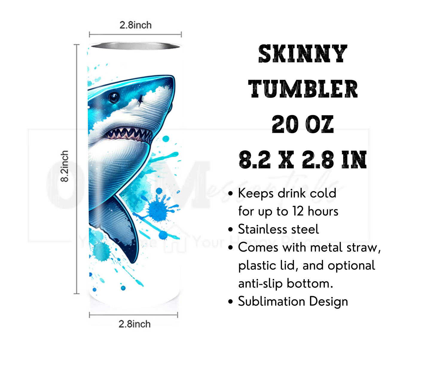 Shark 20 oz Skinny Tumbler with Straw - Stainless Steel, Eco-Friendly, Reusable Metal Straw - Lid Drink Drinkware Water Bottles