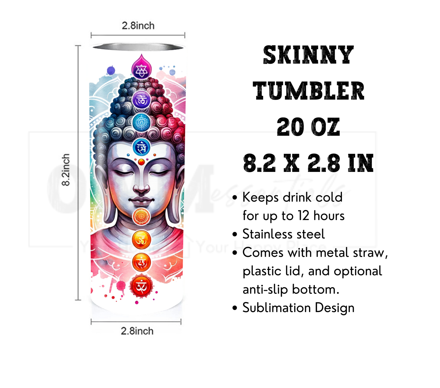 Buddha with Chakras 20 oz Skinny Tumbler with Straw - Stainless Steel, Eco-Friendly, Reusable Metal Straw - Lid Drink Drinkware Water Bottles