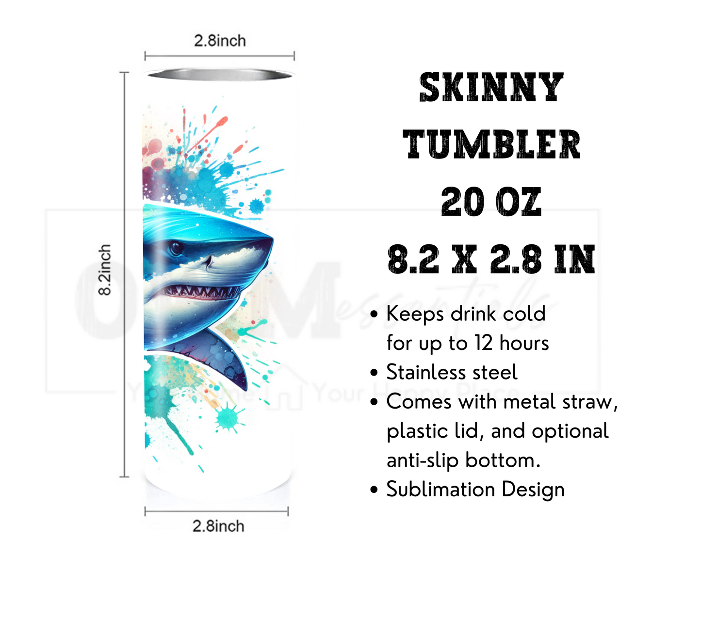 Shark 20 oz Skinny Tumbler with Straw - Stainless Steel, Eco-Friendly, Reusable Metal Straw - Lid Drink Drinkware Water Bottles