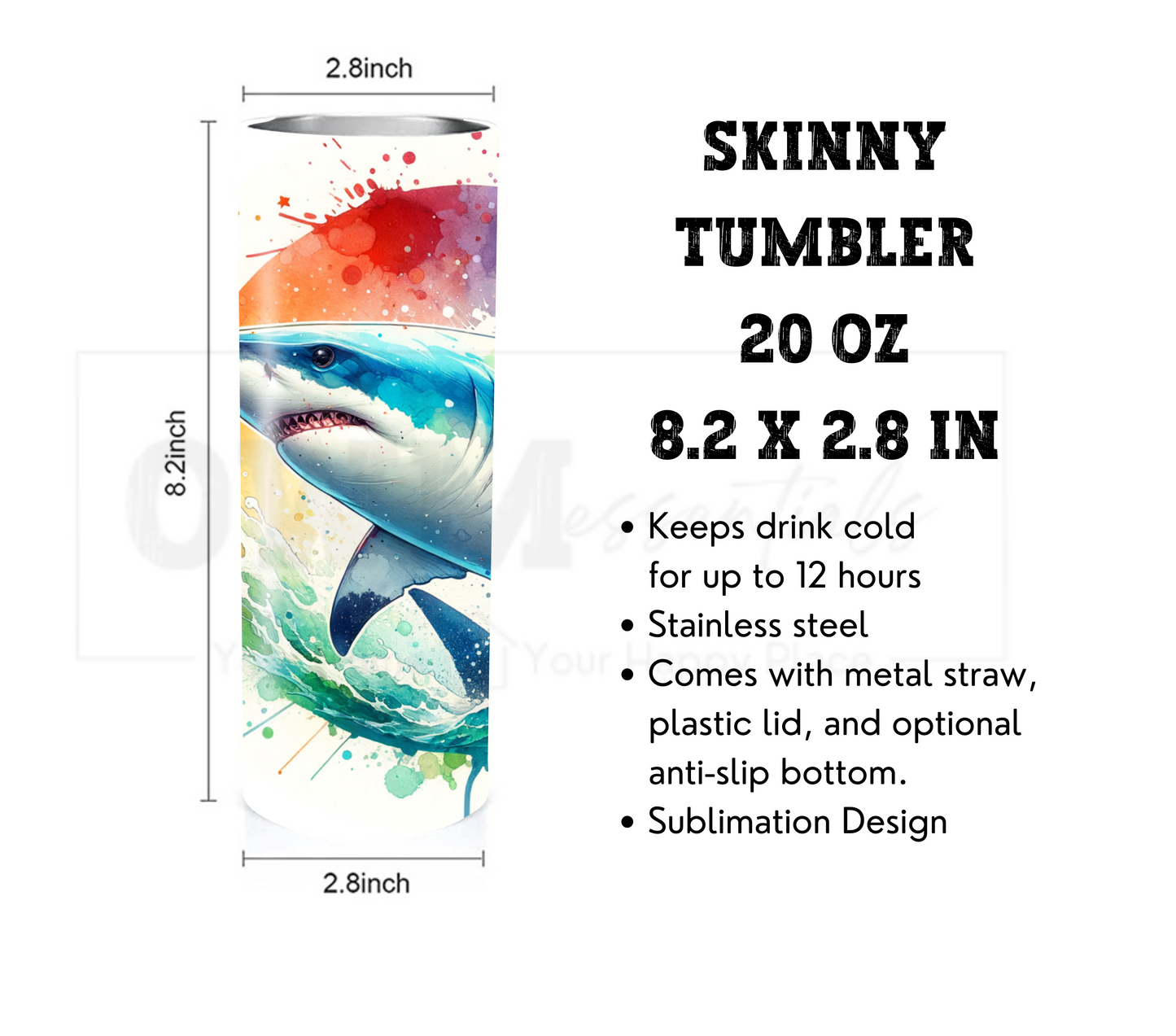 Shark 20 oz Skinny Tumbler with Straw - Stainless Steel, Eco-Friendly, Reusable Metal Straw - Lid Drink Drinkware Water Bottles