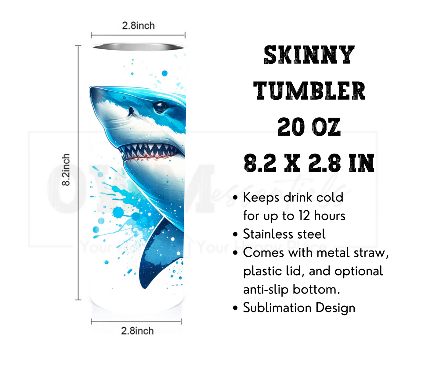 Shark 20 oz Skinny Tumbler with Straw - Stainless Steel, Eco-Friendly, Reusable Metal Straw - Lid Drink Drinkware Water Bottles