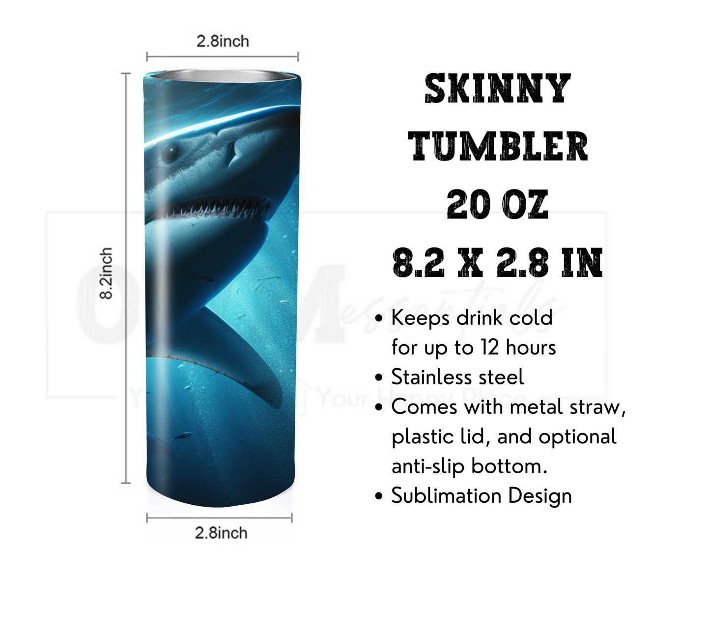Shark 20 oz Skinny Tumbler with Straw - Stainless Steel, Eco-Friendly, Reusable Metal Straw - Lid Drink Drinkware Water Bottles