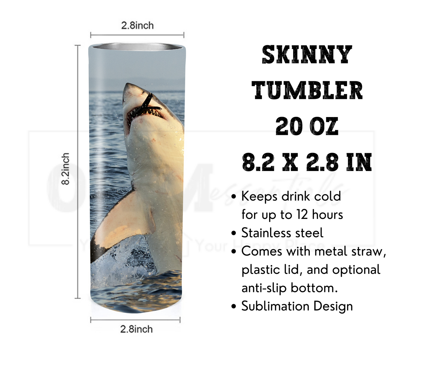 Shark 20 oz Skinny Tumbler with Straw - Stainless Steel, Eco-Friendly, Reusable Metal Straw - Lid Drink Drinkware Water Bottles
