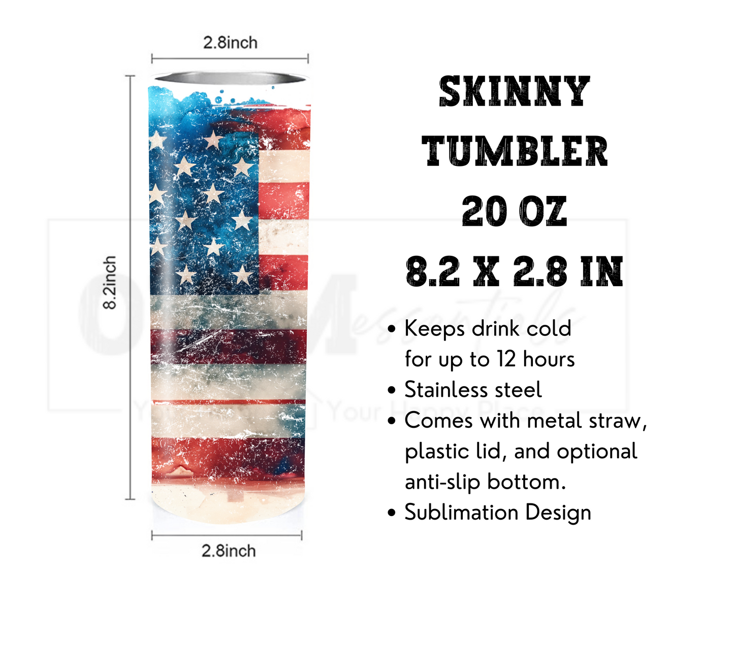 American Flag  20 oz Skinny Tumbler with Straw - Stainless Steel, Eco-Friendly, Reusable Metal Straw - Lid Drink Drinkware Water Bottles