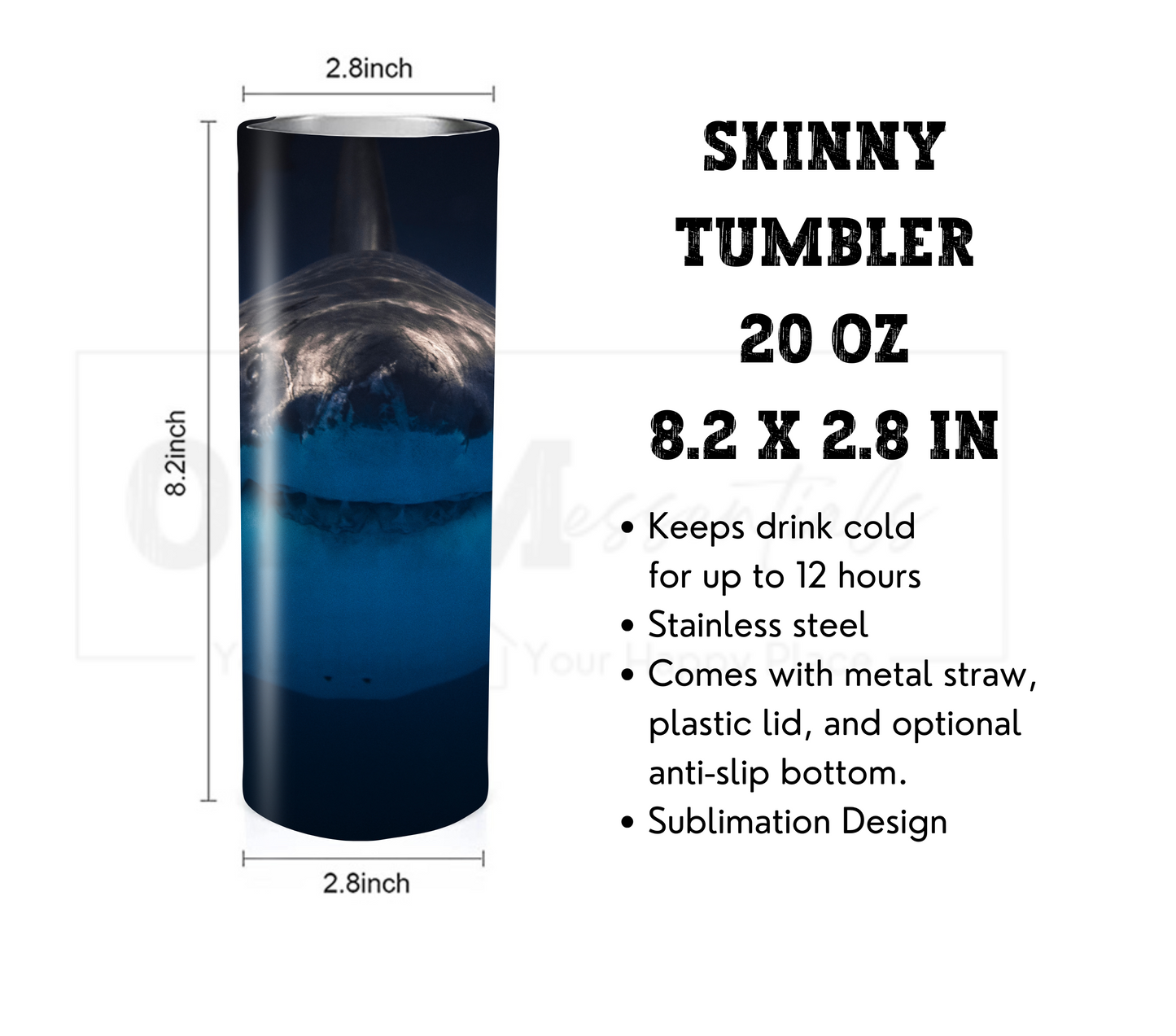 Shark 20 oz Skinny Tumbler with Straw - Stainless Steel, Eco-Friendly, Reusable Metal Straw - Lid Drink Drinkware Water Bottles