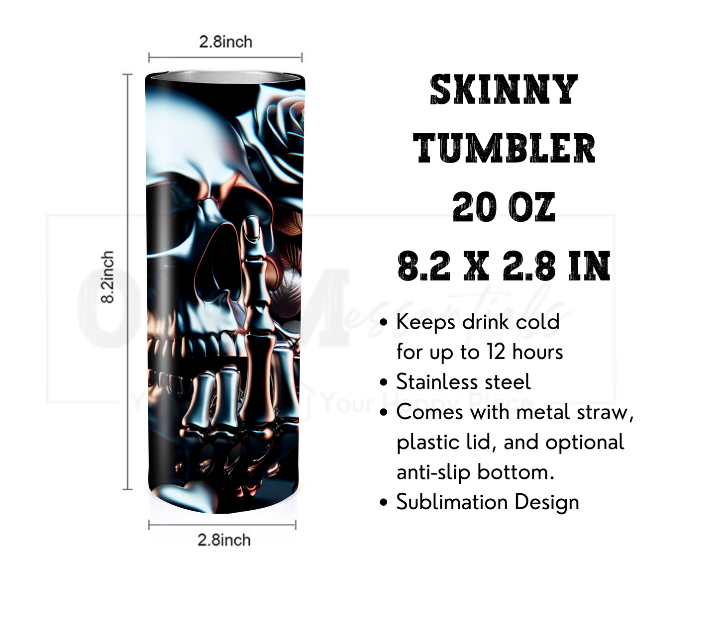 Funny Middle Finger Skull 20 oz Skinny Tumbler with Straw - Stainless Steel, Eco-Friendly, Reusable Metal Straw - Lid Drink Drinkware Water Bottles