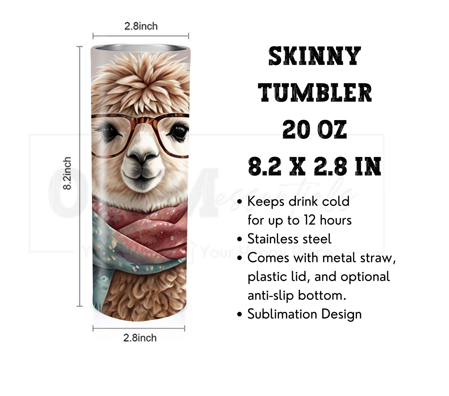 Alpaca 20 oz Skinny Tumbler with Straw - Stainless Steel, Eco-Friendly, Reusable Metal Straw - Lid Drink Drinkware Water Bottles