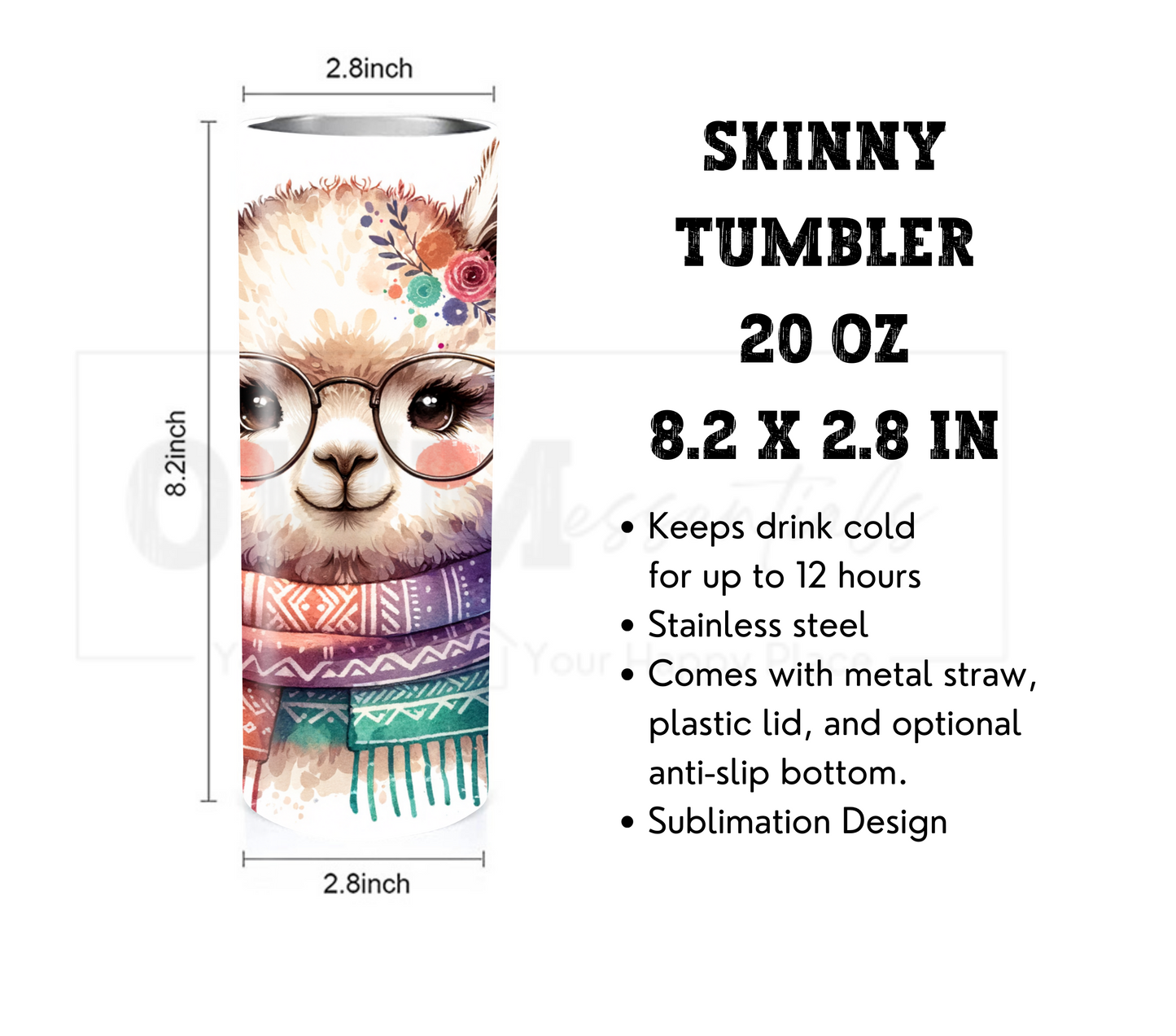 Alpaca 20 oz Skinny Tumbler with Straw - Stainless Steel, Eco-Friendly, Reusable Metal Straw - Lid Drink Drinkware Water Bottles