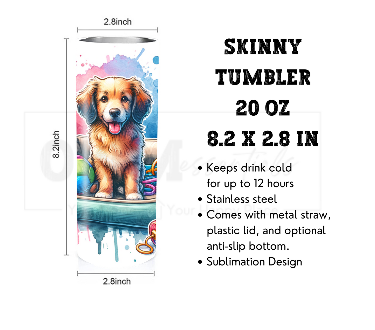 Dog Lover 20 oz Skinny Tumbler with Straw - Stainless Steel, Eco-Friendly, Reusable Metal Straw - Lid Drink Drinkware Water Bottles