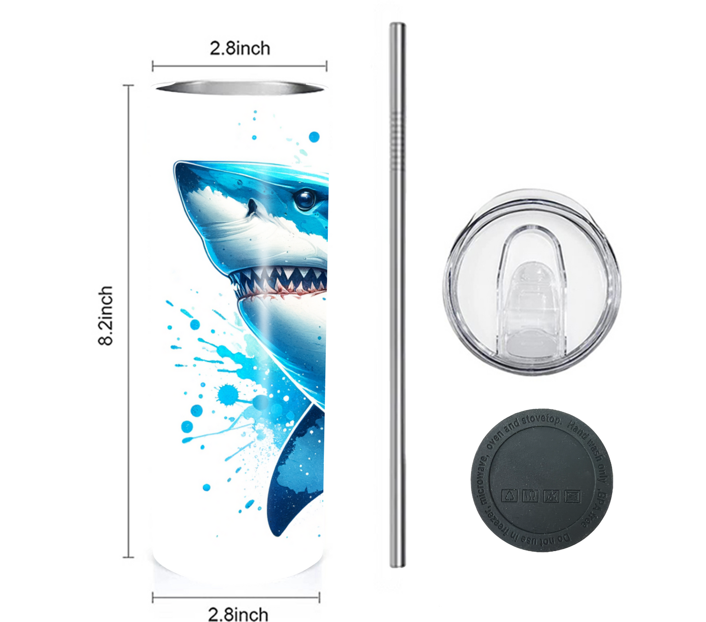 Shark 20 oz Skinny Tumbler with Straw - Stainless Steel, Eco-Friendly, Reusable Metal Straw - Lid Drink Drinkware Water Bottles