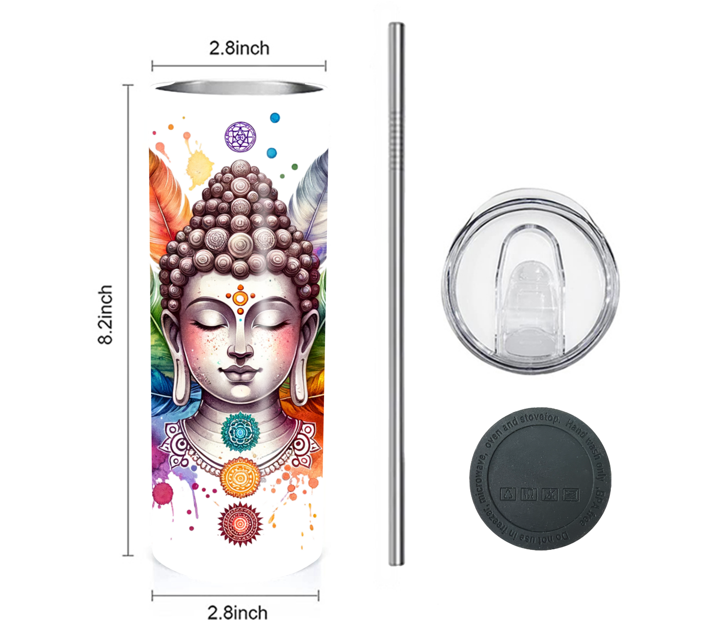 Buddha with Chakras and Feathers 20 oz Skinny Tumbler with Straw - Stainless Steel, Eco-Friendly, Reusable Metal Straw - Lid Drink Drinkware Water Bottles