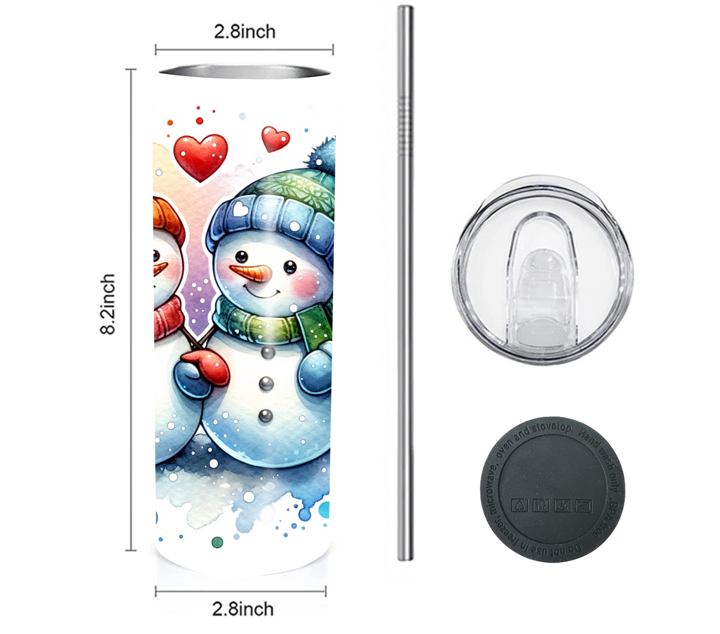 Snowman - Valentines Day - 20 oz Skinny Tumbler with Straw - Stainless Steel, Eco-Friendly, Reusable Metal Straw - Lid Drink Drinkware Water Bottles