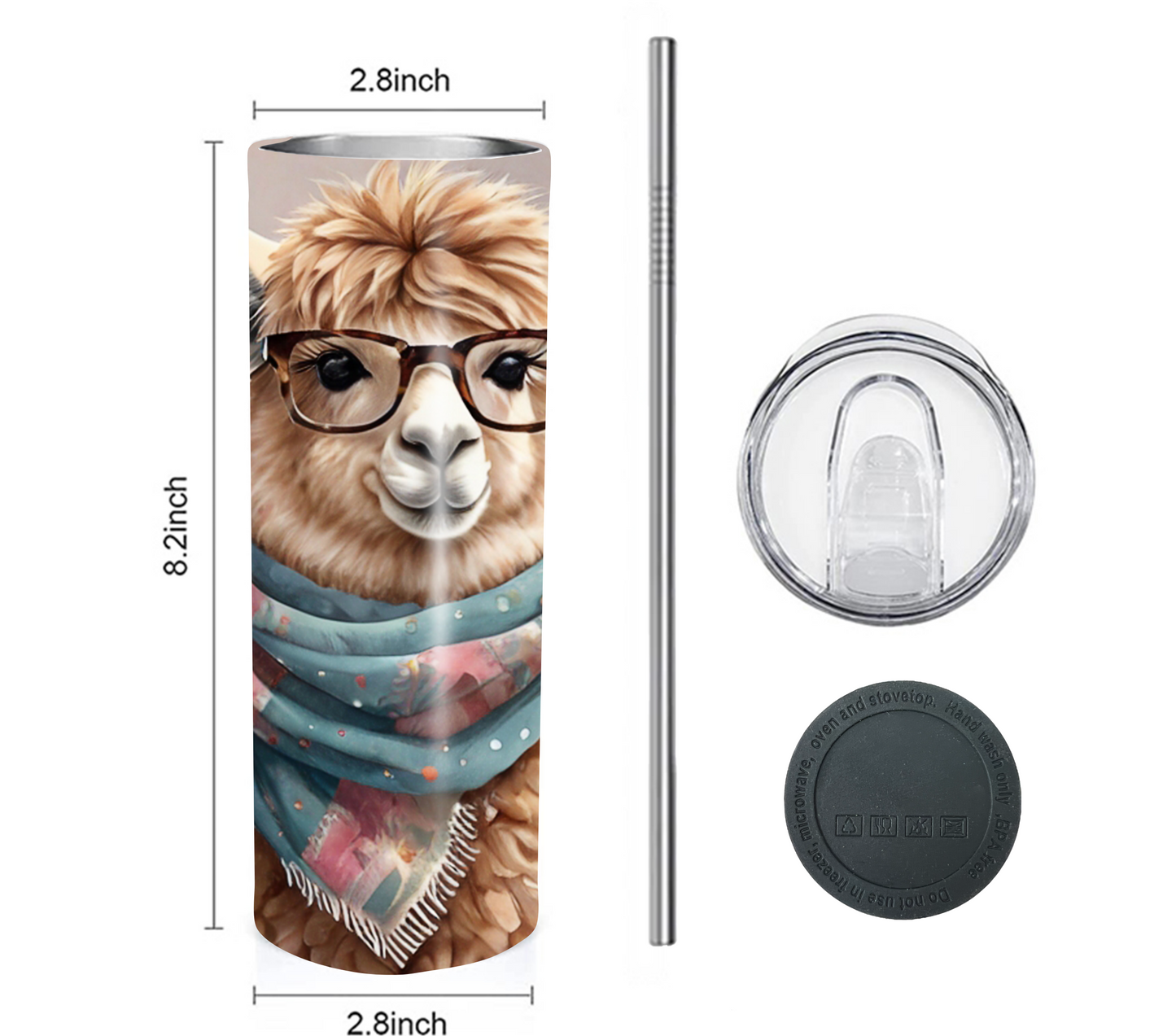 Alpaca 20 oz Skinny Tumbler with Straw - Stainless Steel, Eco-Friendly, Reusable Metal Straw - Lid Drink Drinkware Water Bottles