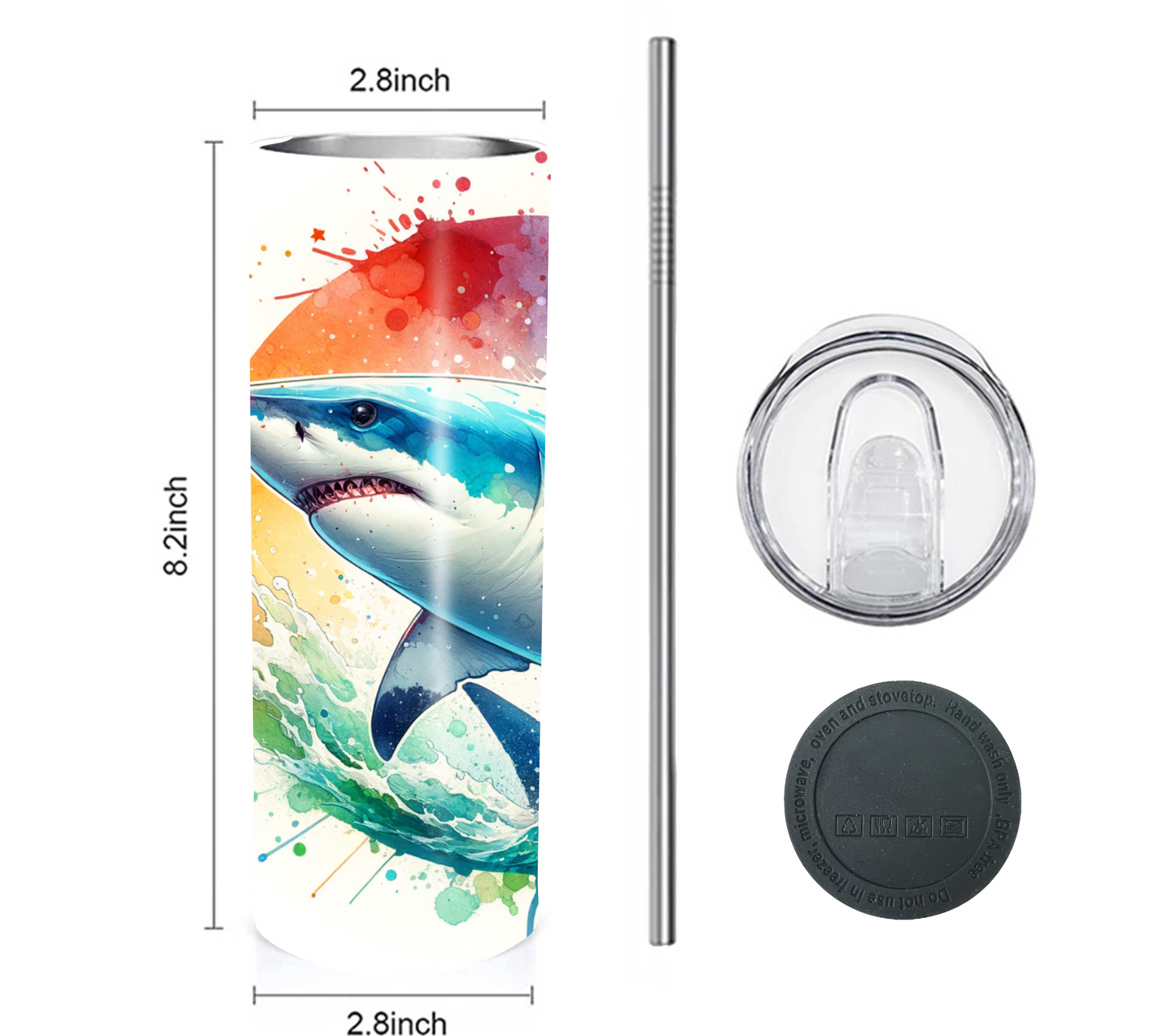 Shark 20 oz Skinny Tumbler with Straw - Stainless Steel, Eco-Friendly, Reusable Metal Straw - Lid Drink Drinkware Water Bottles