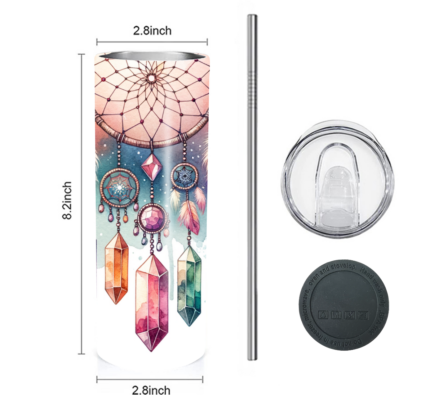 Dreamcatcher 20 oz Skinny Tumbler with Straw - Stainless Steel, Eco-Friendly, Reusable Metal Straw - Lid Drink Drinkware Water Bottles