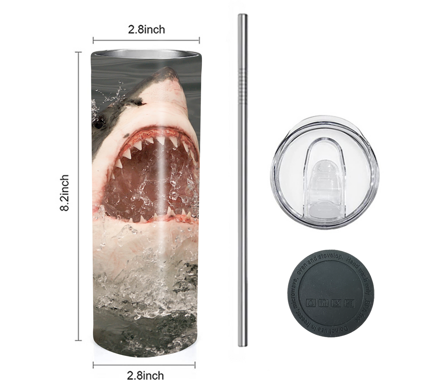 Shark 20 oz Skinny Tumbler with Straw - Stainless Steel, Eco-Friendly, Reusable Metal Straw - Lid Drink Drinkware Water Bottles