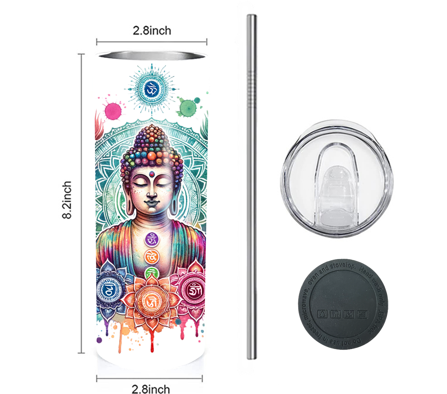 Buddha with Chakras and Feathers 20 oz Skinny Tumbler with Straw - Stainless Steel, Eco-Friendly, Reusable Metal Straw - Lid Drink Drinkware Water Bottles