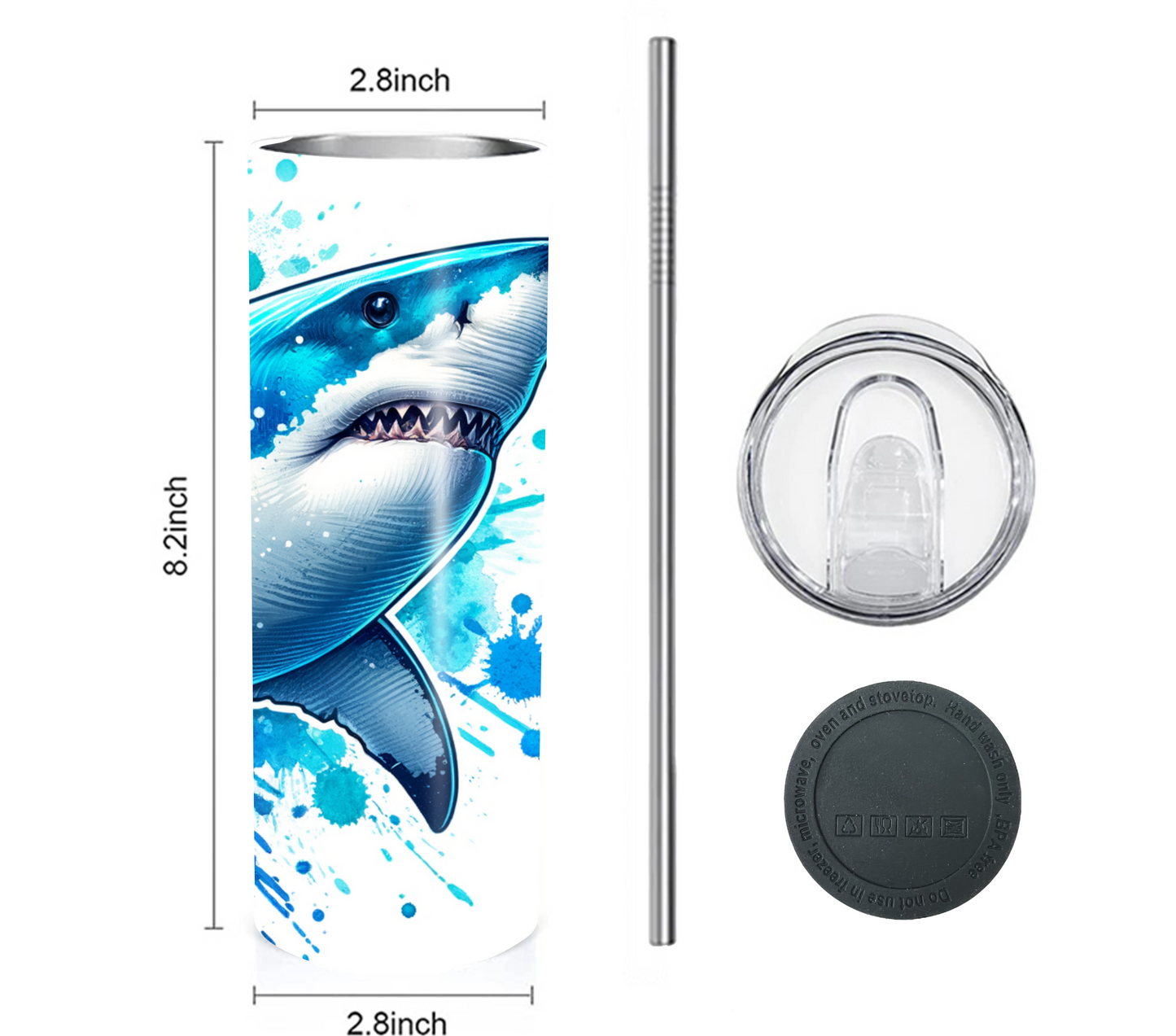 Shark 20 oz Skinny Tumbler with Straw - Stainless Steel, Eco-Friendly, Reusable Metal Straw - Lid Drink Drinkware Water Bottles