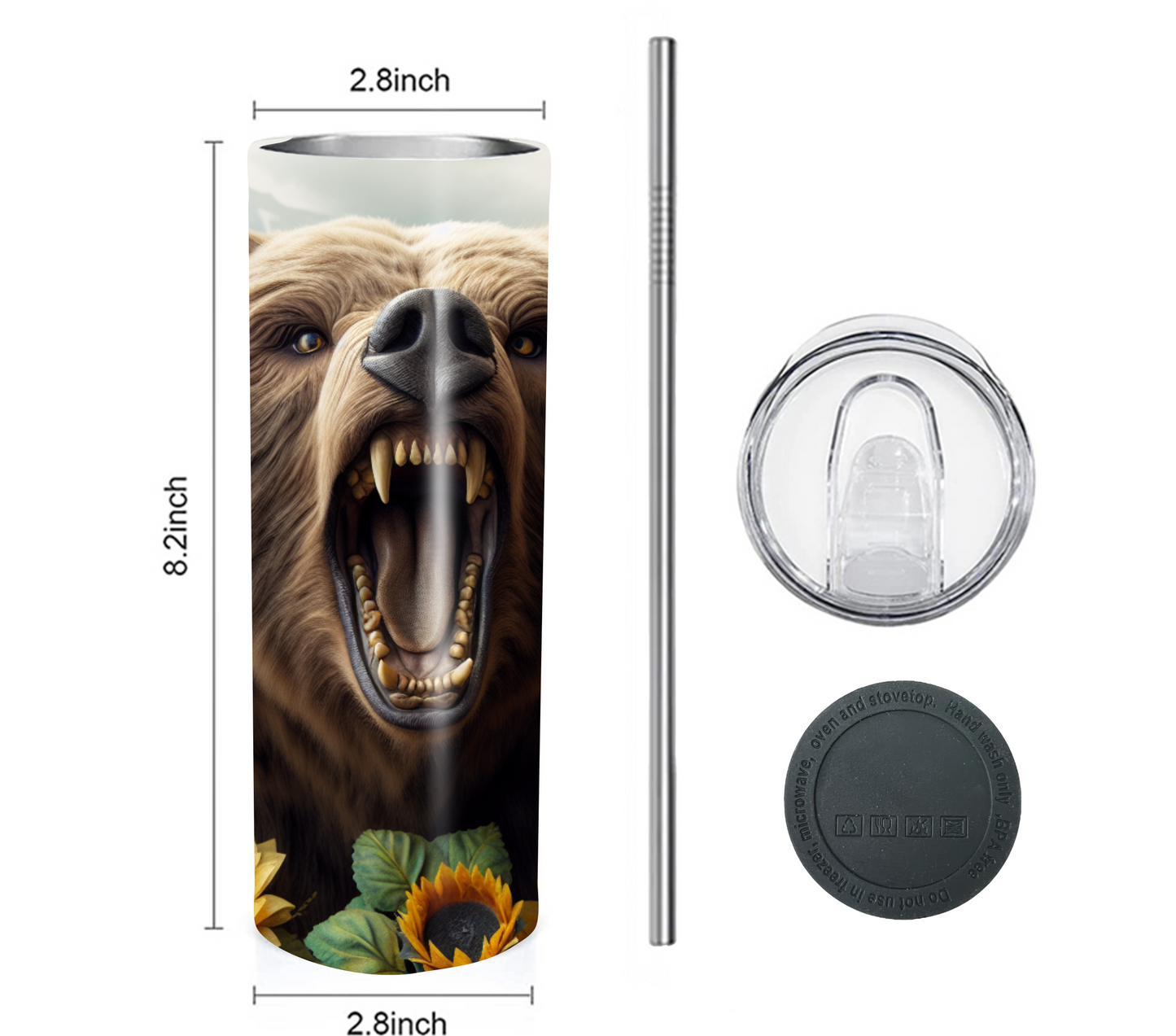 Bear with Sunflowers 20 oz Skinny Tumbler with Straw - Stainless Steel, Eco-Friendly, Reusable Metal Straw - Lid Drink Drinkware Water Bottles