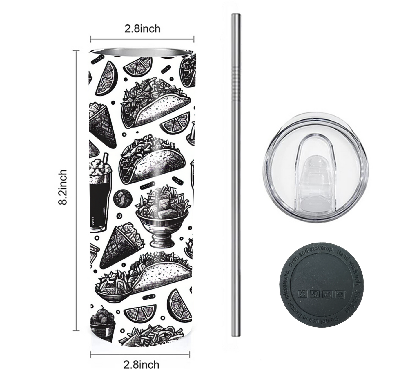 Tacos & Tequila 20 oz Skinny Tumbler with Straw - Stainless Steel, Eco-Friendly, Reusable Metal Straw - Lid Drink Drinkware Water Bottles