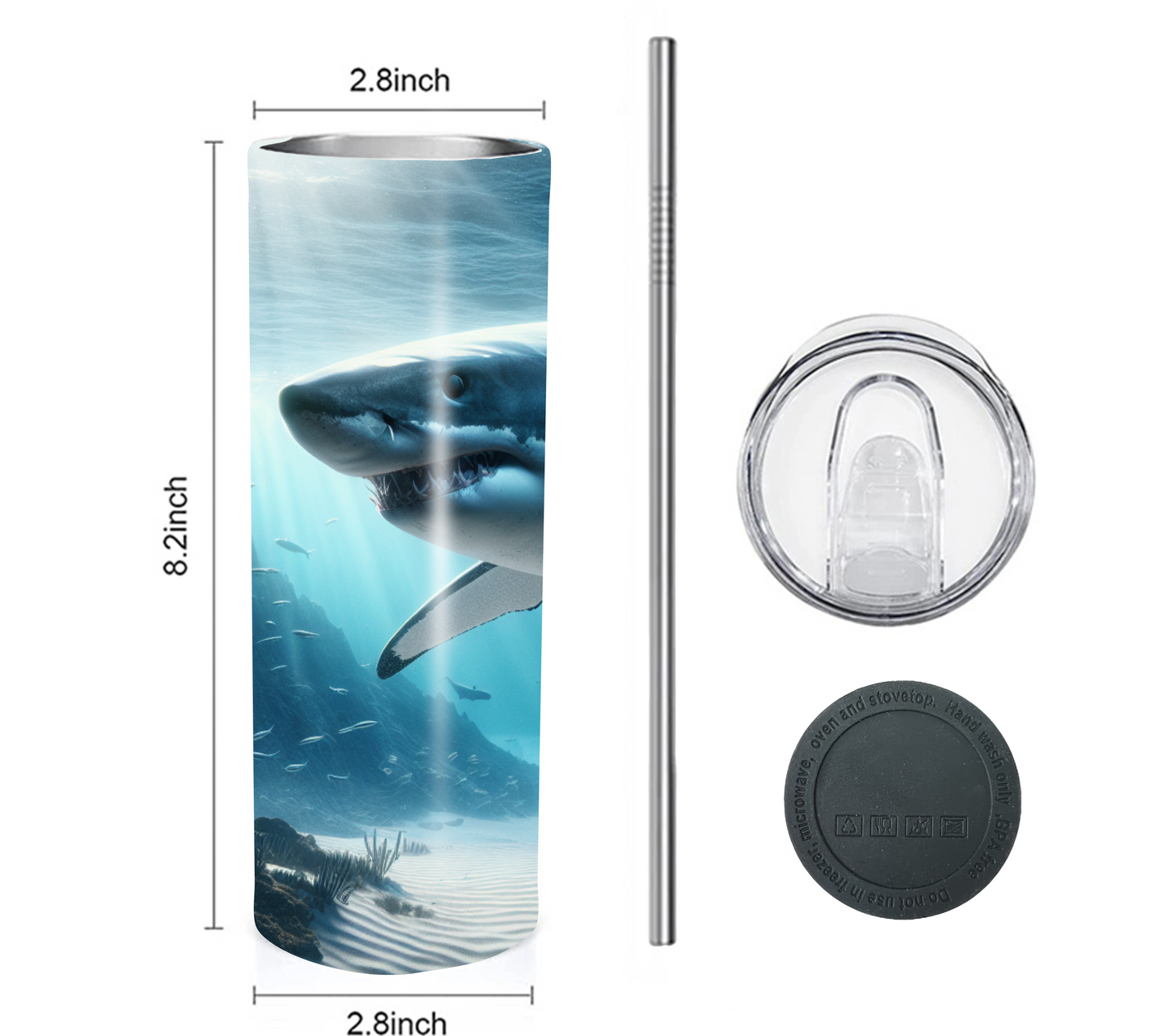 Shark 20 oz Skinny Tumbler with Straw - Stainless Steel, Eco-Friendly, Reusable Metal Straw - Lid Drink Drinkware Water Bottles