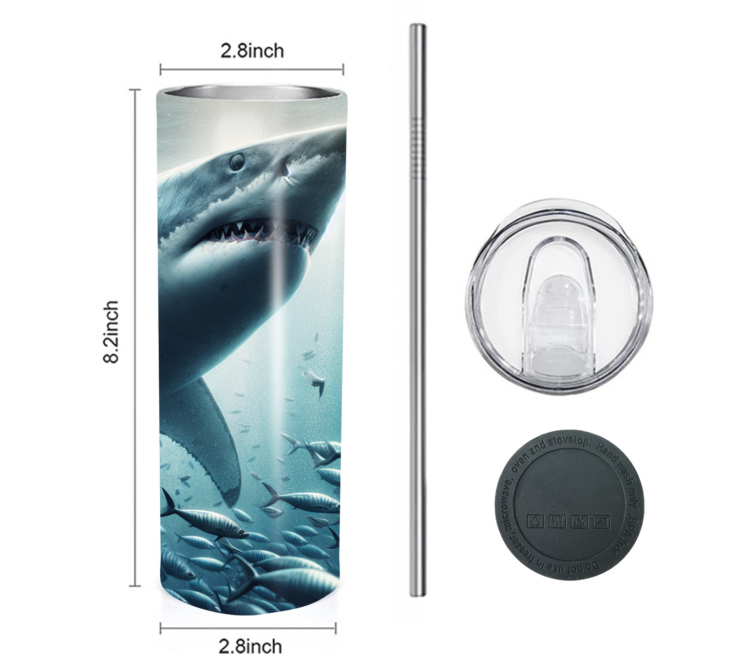 Shark 20 oz Skinny Tumbler with Straw - Stainless Steel, Eco-Friendly, Reusable Metal Straw - Lid Drink Drinkware Water Bottles
