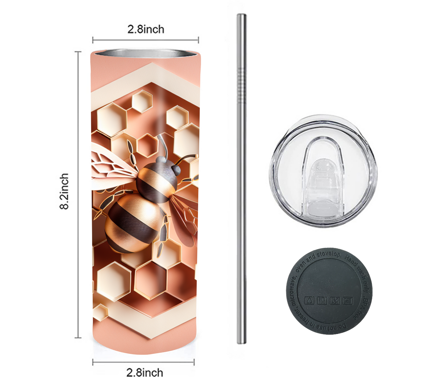 3D Bee with Honeycomb - PINK 20 oz Skinny Tumbler with Straw - Stainless Steel, Eco-Friendly, Reusable Metal Straw - Lid Drink Drinkware Water Bottles