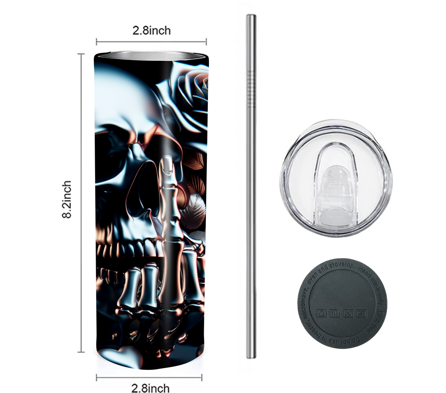 Funny Middle Finger Skull 20 oz Skinny Tumbler with Straw - Stainless Steel, Eco-Friendly, Reusable Metal Straw - Lid Drink Drinkware Water Bottles