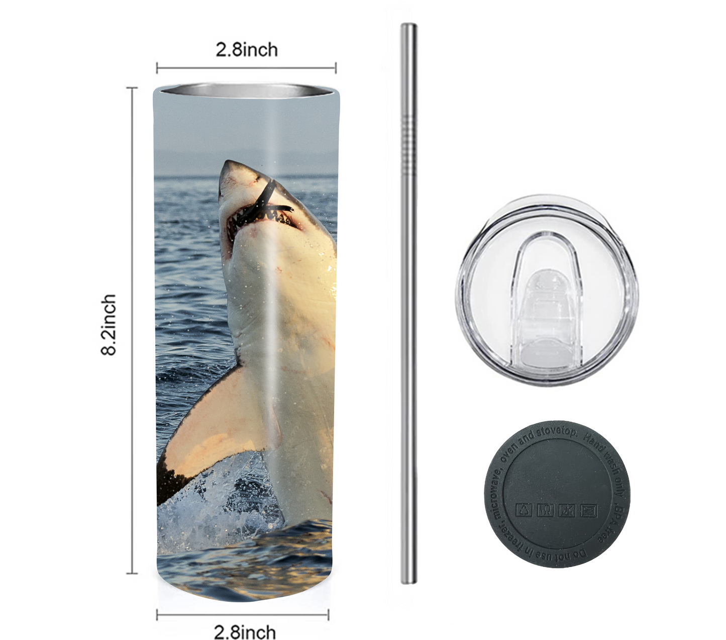Shark 20 oz Skinny Tumbler with Straw - Stainless Steel, Eco-Friendly, Reusable Metal Straw - Lid Drink Drinkware Water Bottles