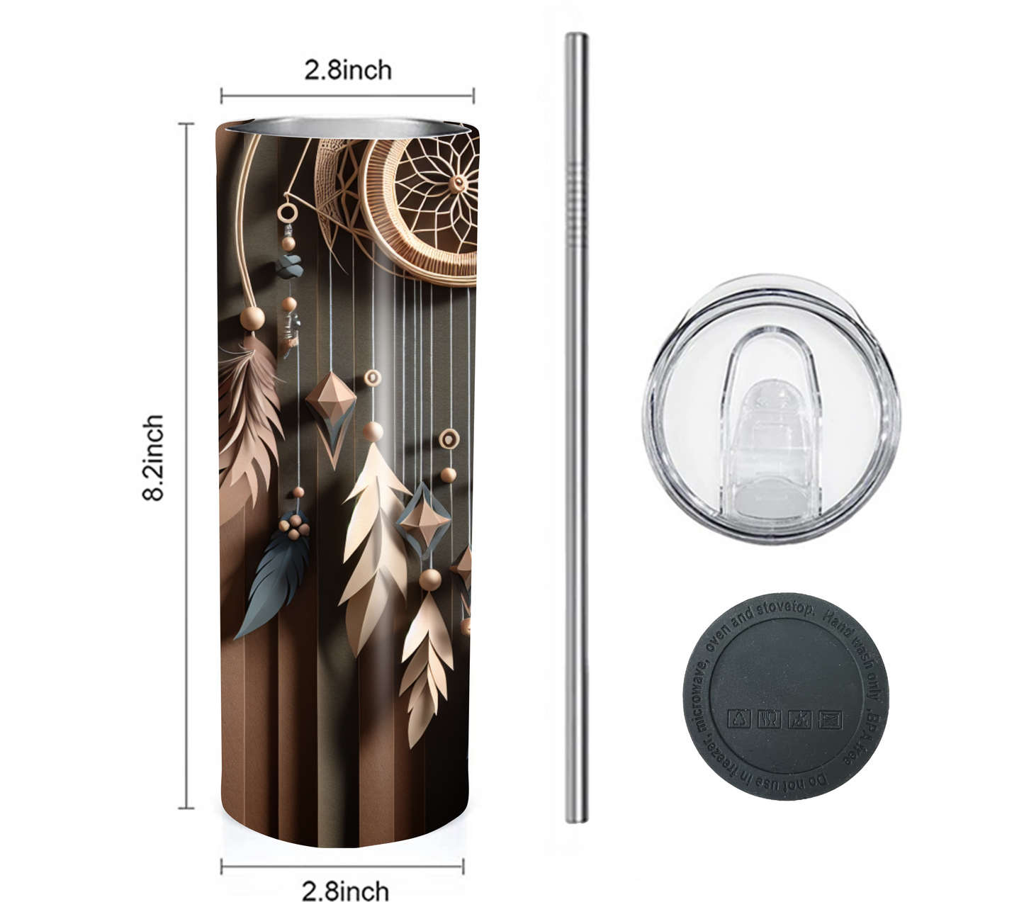Dreamcatcher 20 oz Skinny Tumbler with Straw - Stainless Steel, Eco-Friendly, Reusable Metal Straw - Lid Drink Drinkware Water Bottles
