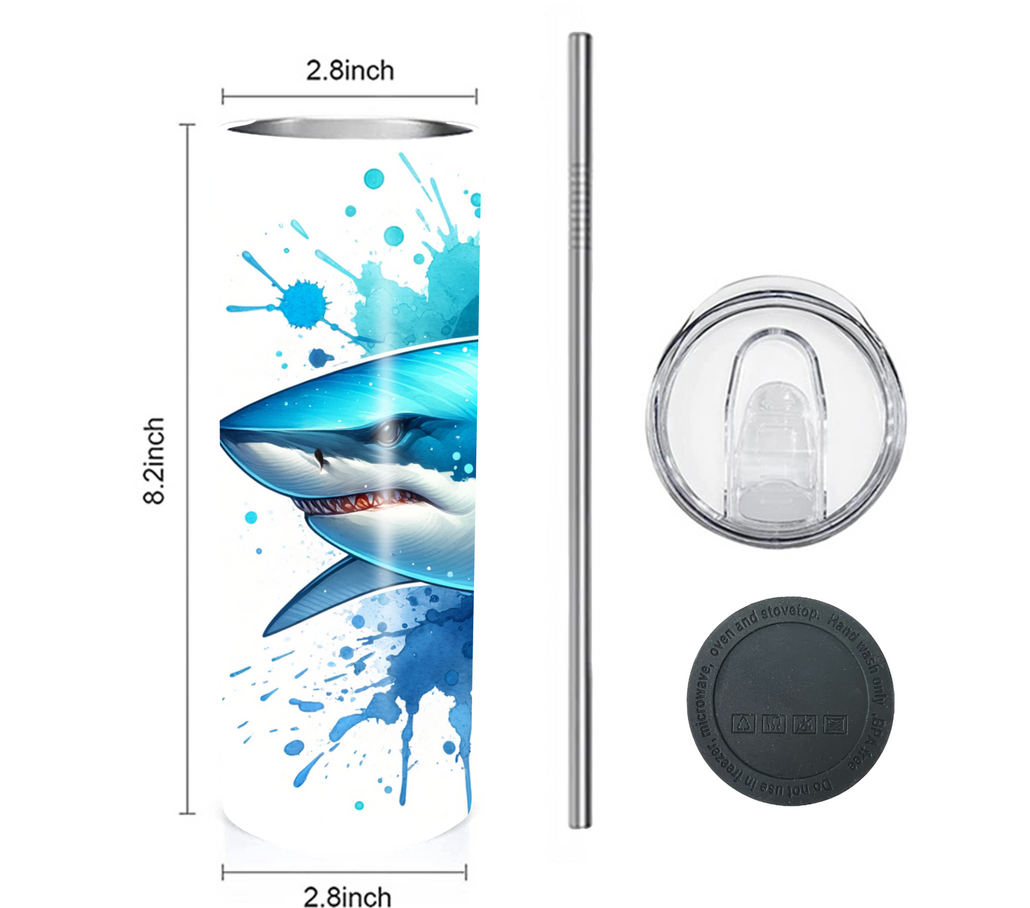 Shark 20 oz Skinny Tumbler with Straw - Stainless Steel, Eco-Friendly, Reusable Metal Straw - Lid Drink Drinkware Water Bottles