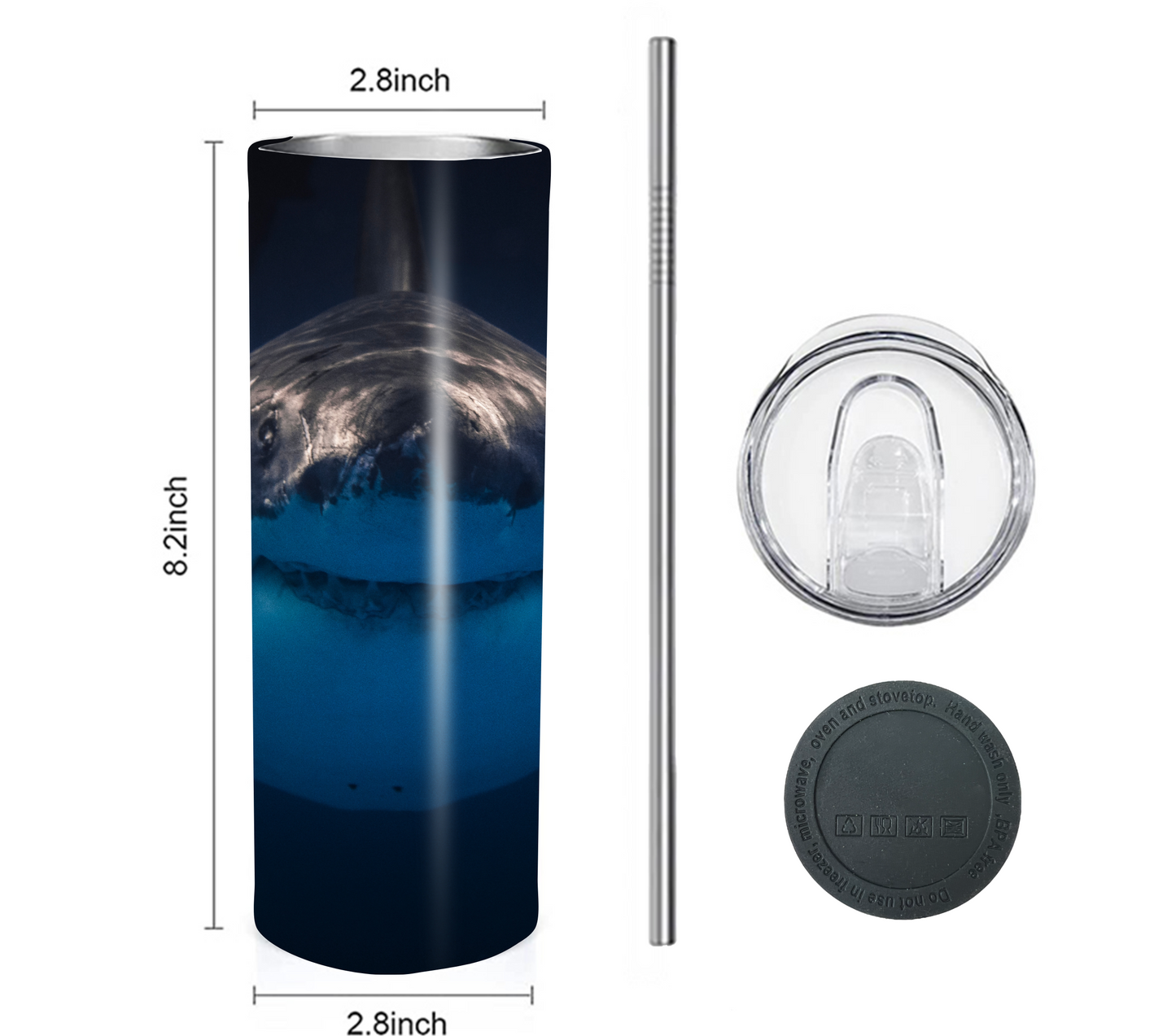 Shark 20 oz Skinny Tumbler with Straw - Stainless Steel, Eco-Friendly, Reusable Metal Straw - Lid Drink Drinkware Water Bottles