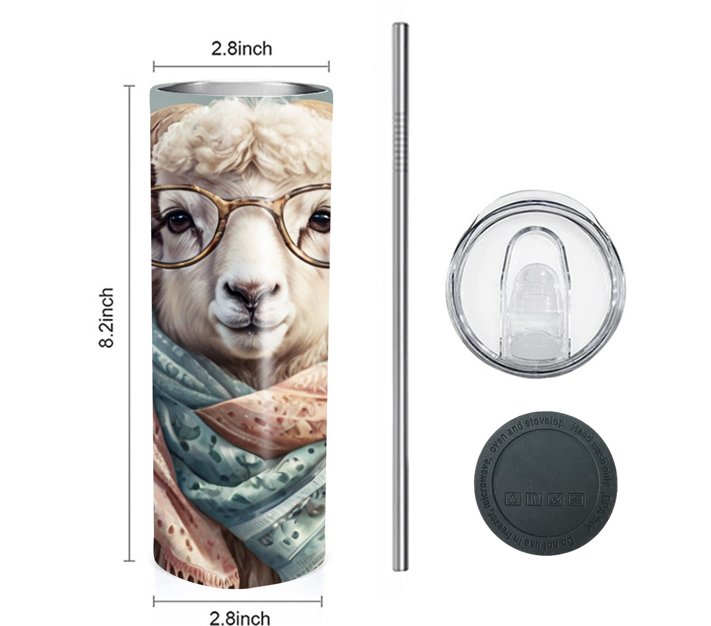 Alpaca 20 oz Skinny Tumbler with Straw - Stainless Steel, Eco-Friendly, Reusable Metal Straw - Lid Drink Drinkware Water Bottles