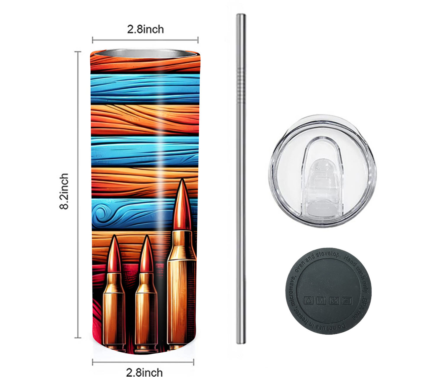 American Flag & Ammo 20 oz Skinny Tumbler with Straw - Stainless Steel, Eco-Friendly, Reusable Metal Straw - Lid Drink Drinkware Water Bottles