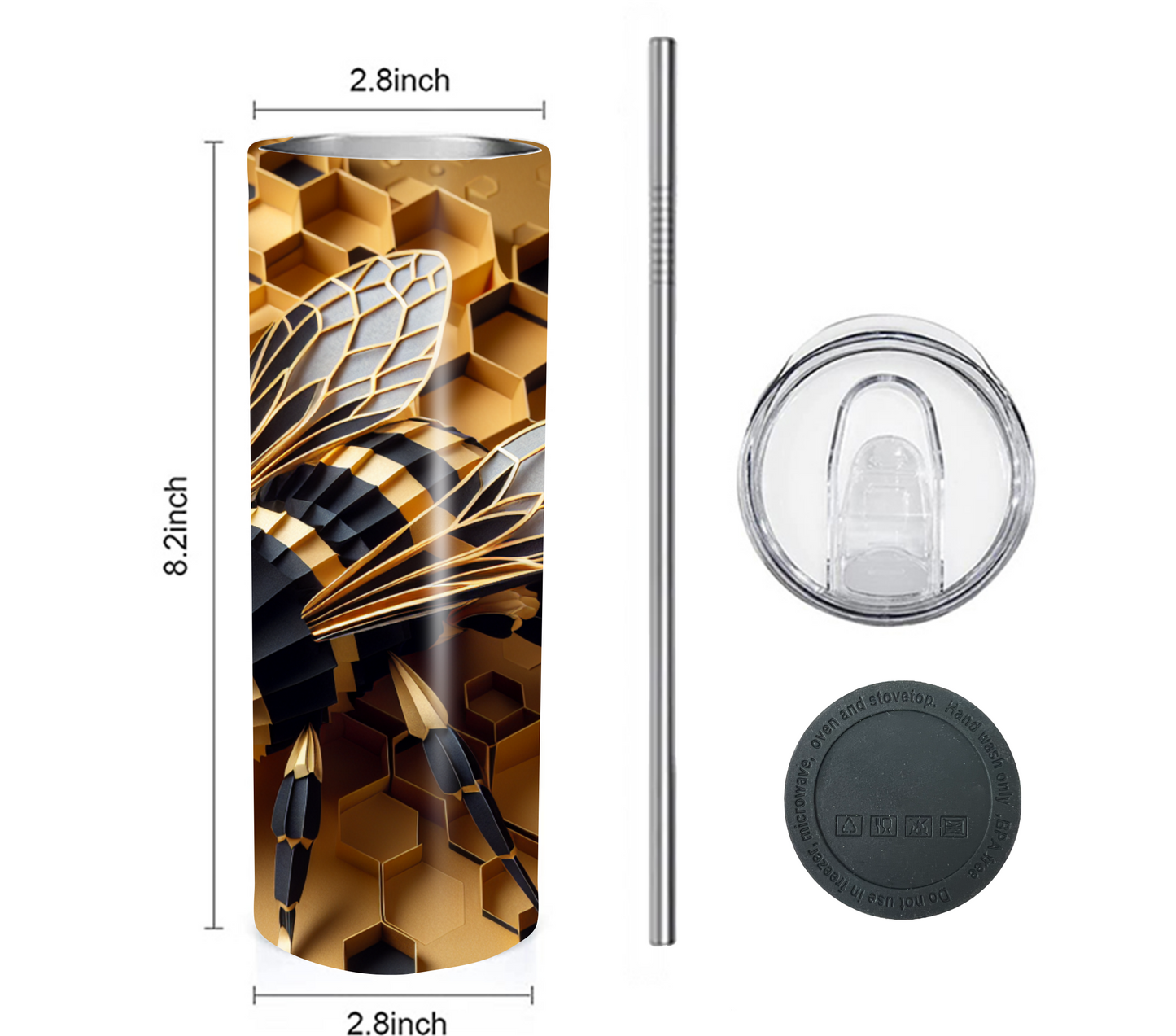 3D Bee with Honeycomb 20 oz Skinny Tumbler with Straw - Stainless Steel, Eco-Friendly, Reusable Metal Straw - Lid Drink Drinkware Water Bottles