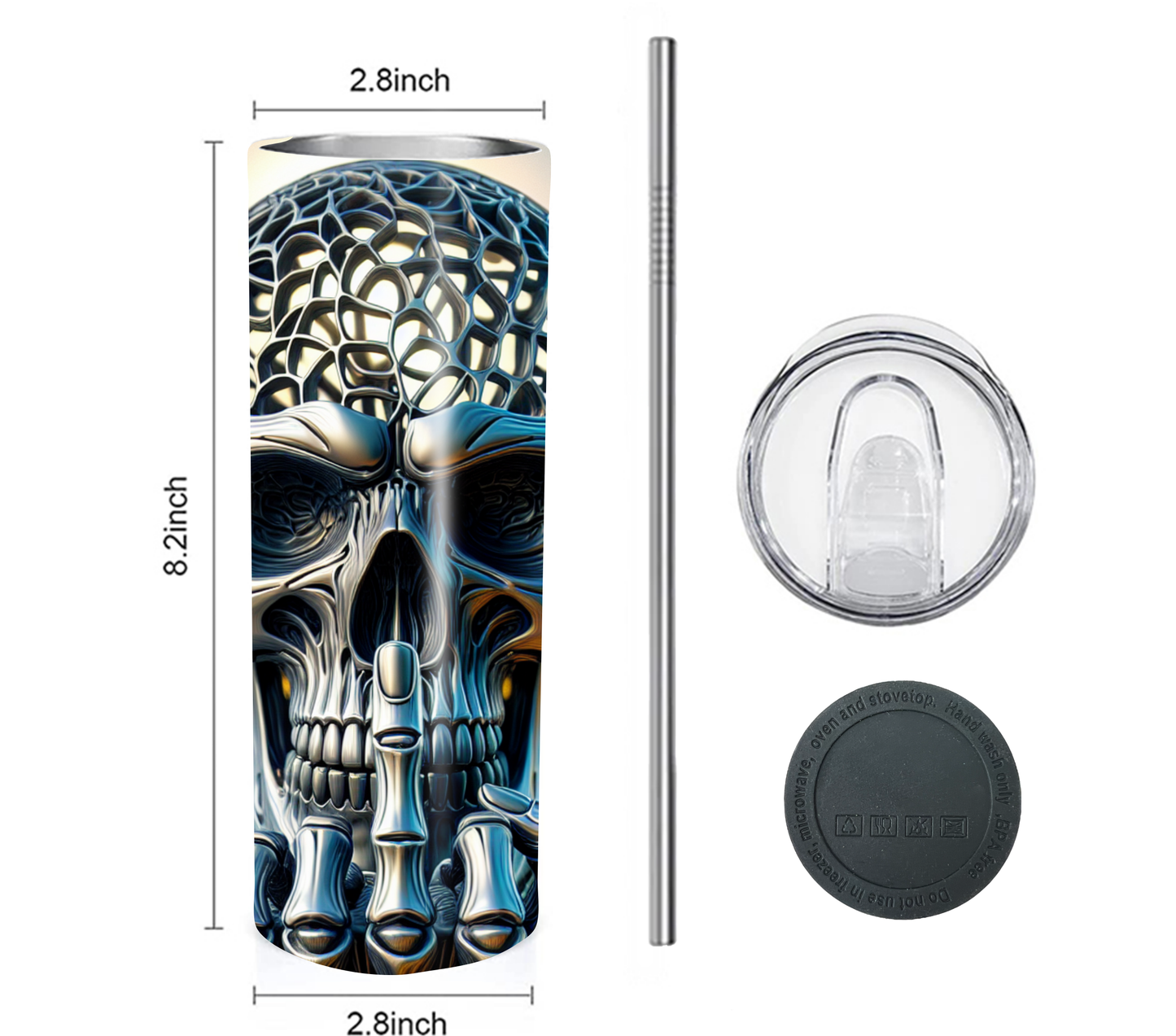 Funny Middle Finger Skull 20 oz Skinny Tumbler with Straw - Stainless Steel, Eco-Friendly, Reusable Metal Straw - Lid Drink Drinkware Water Bottles