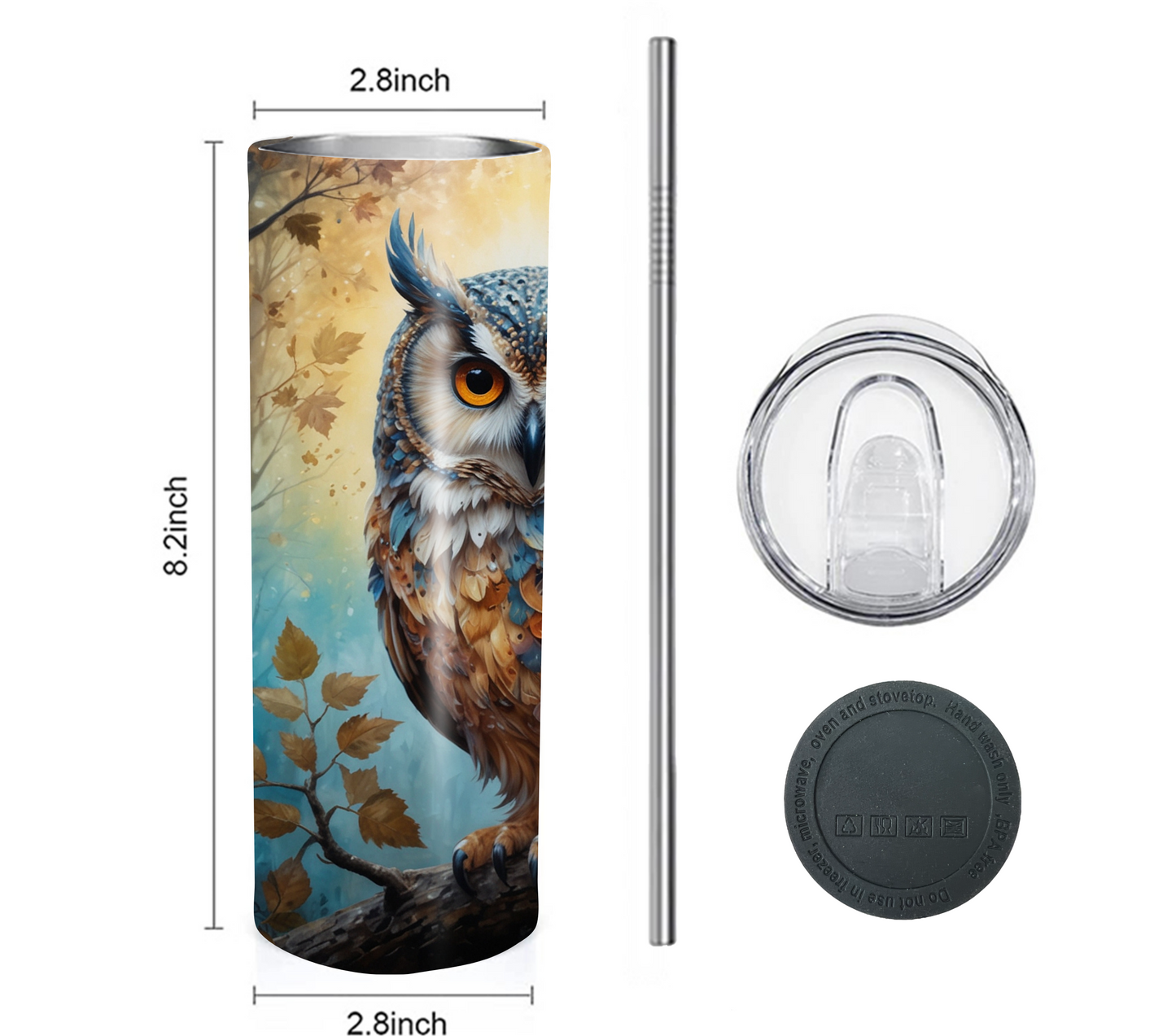 Owl 20 oz Skinny Tumbler with Straw - Stainless Steel, Eco-Friendly, Reusable Metal Straw - Lid Drink Drinkware Water Bottles