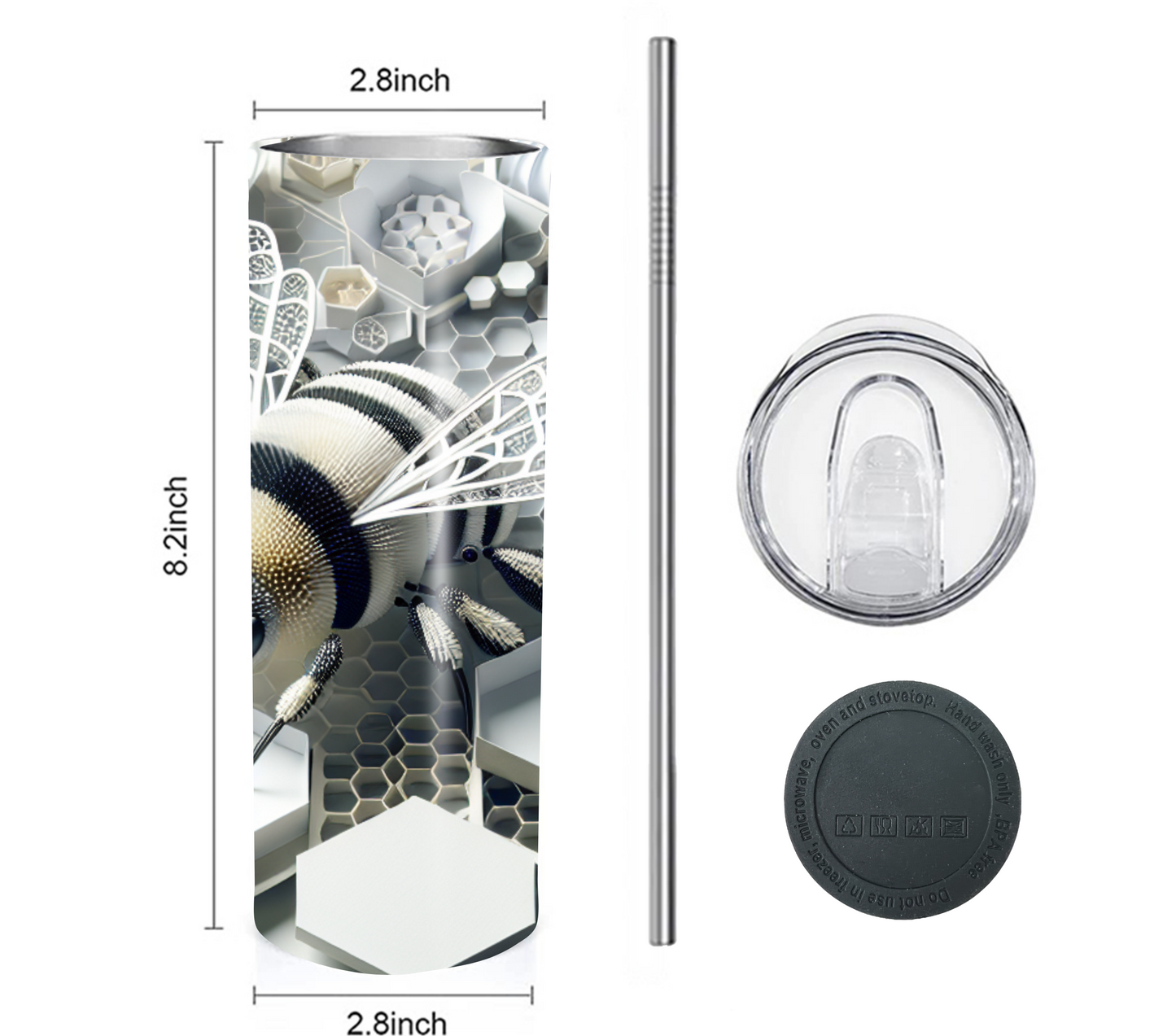 3D Bee with Honeycomb 20 oz Skinny Tumbler with Straw - Stainless Steel, Eco-Friendly, Reusable Metal Straw - Lid Drink Drinkware Water Bottles
