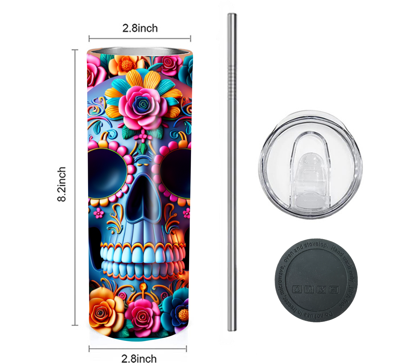 Funny Middle Finger Skull 20 oz Skinny Tumbler with Straw - Stainless Steel, Eco-Friendly, Reusable Metal Straw - Lid Drink Drinkware Water Bottles