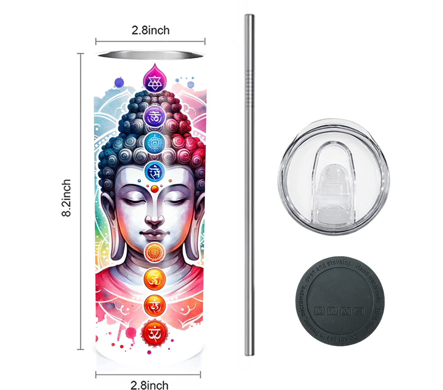Buddha with Chakras 20 oz Skinny Tumbler with Straw - Stainless Steel, Eco-Friendly, Reusable Metal Straw - Lid Drink Drinkware Water Bottles