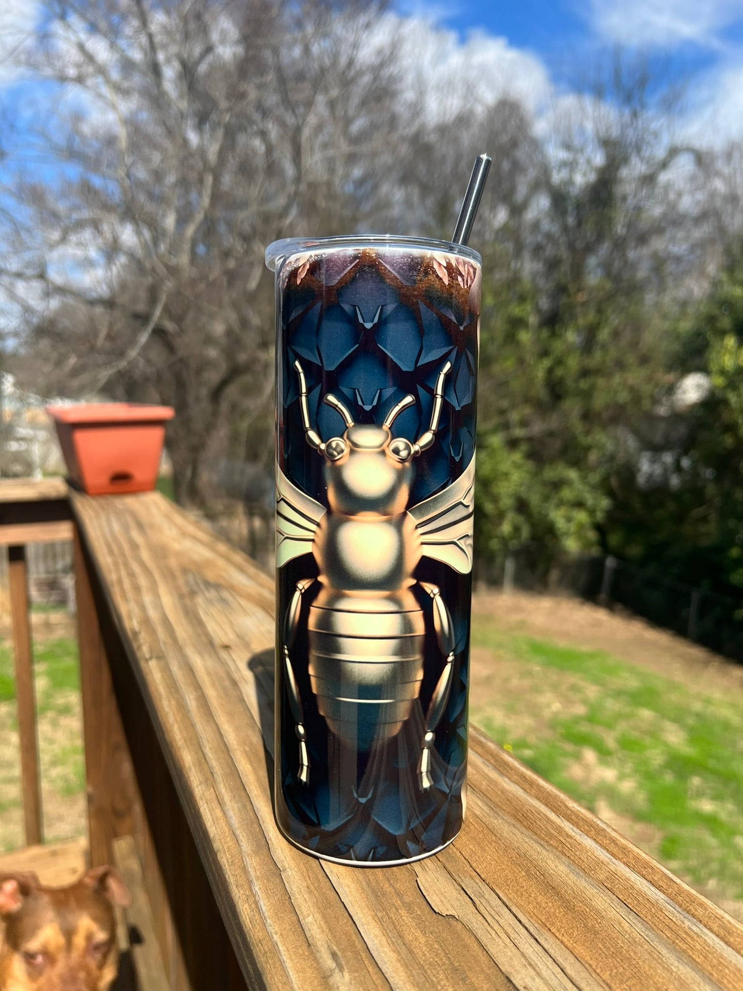 3D Bee with Honeycomb - Black/Gold 20 oz Skinny Tumbler with Straw - Stainless Steel, Eco-Friendly, Reusable Metal Straw - Lid Drink Drinkware Water Bottles
