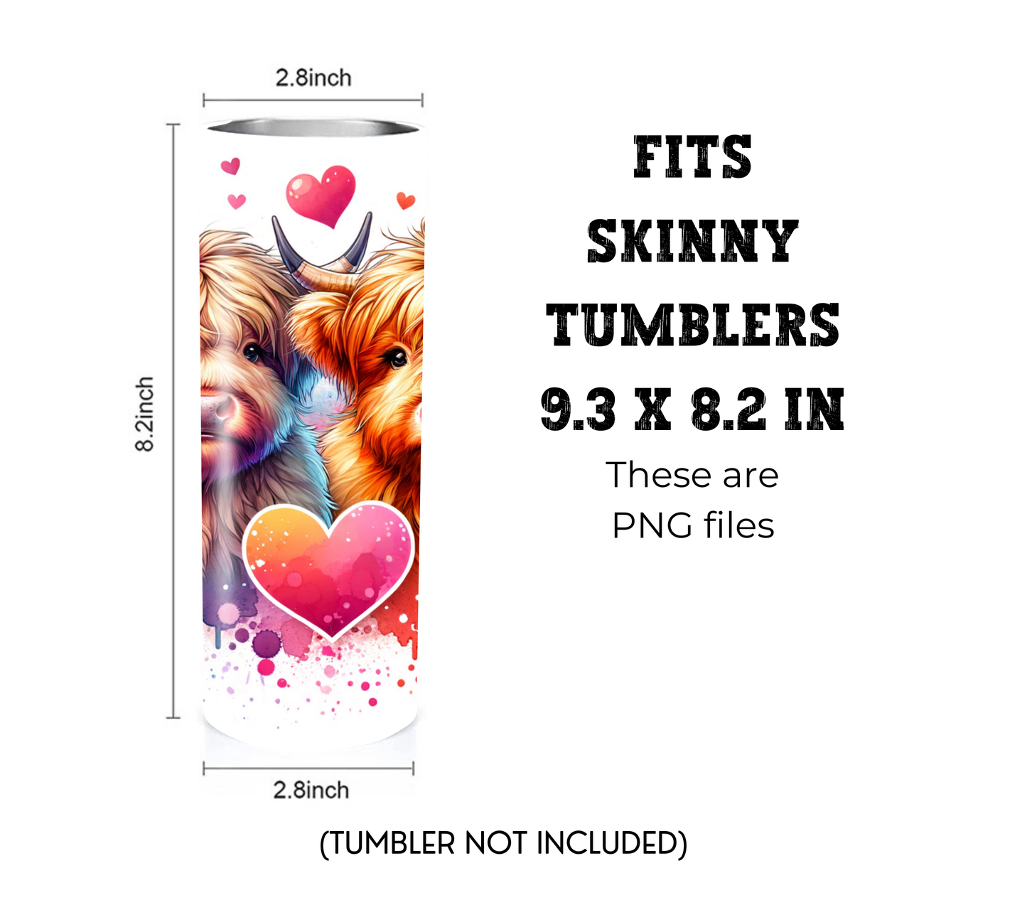 Highland Cow Hearts 20 oz Skinny Tumbler Sublimation Design - PNG Instant  - DIGITAL DOWNLOAD